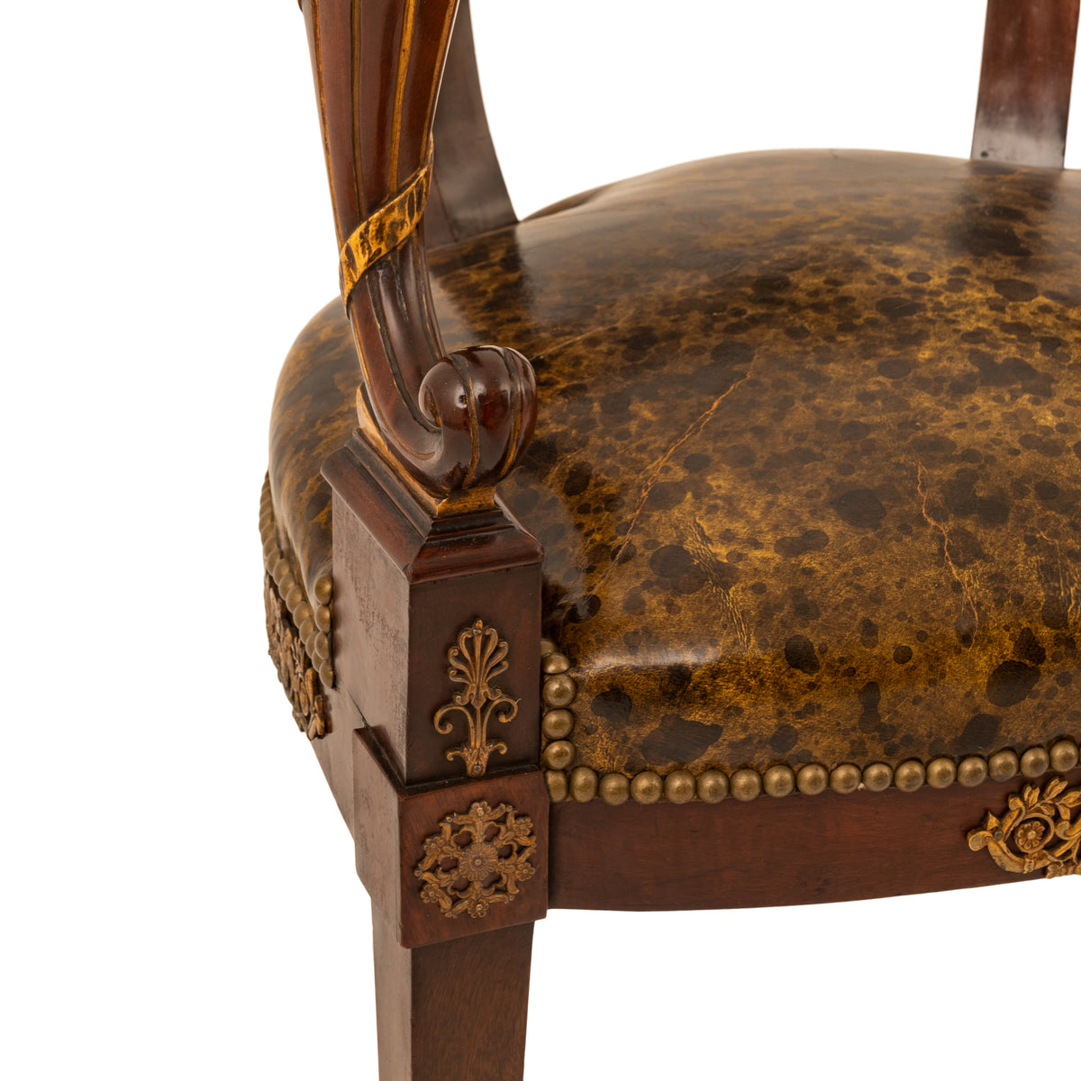 Antique French Empire Napoleonic Ormolu Parcel Gilt Bureau Desk Arm Chair, Circa 1815