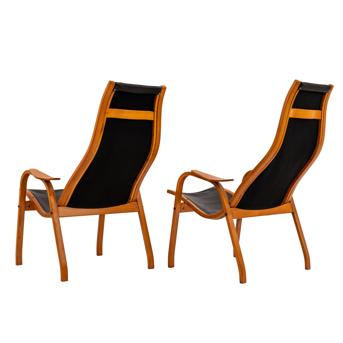 Pair Mid Century Yngve Ekstrom Swedese Lamino Black Leather Lounge Chairs, 1950's