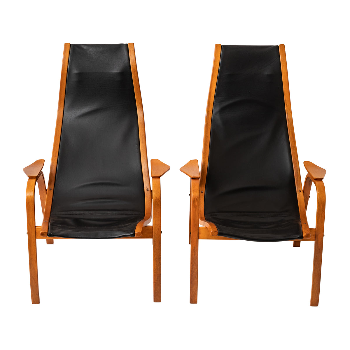 Pair Mid Century Yngve Ekstrom Swedese Lamino Black Leather Lounge Chairs, 1950's