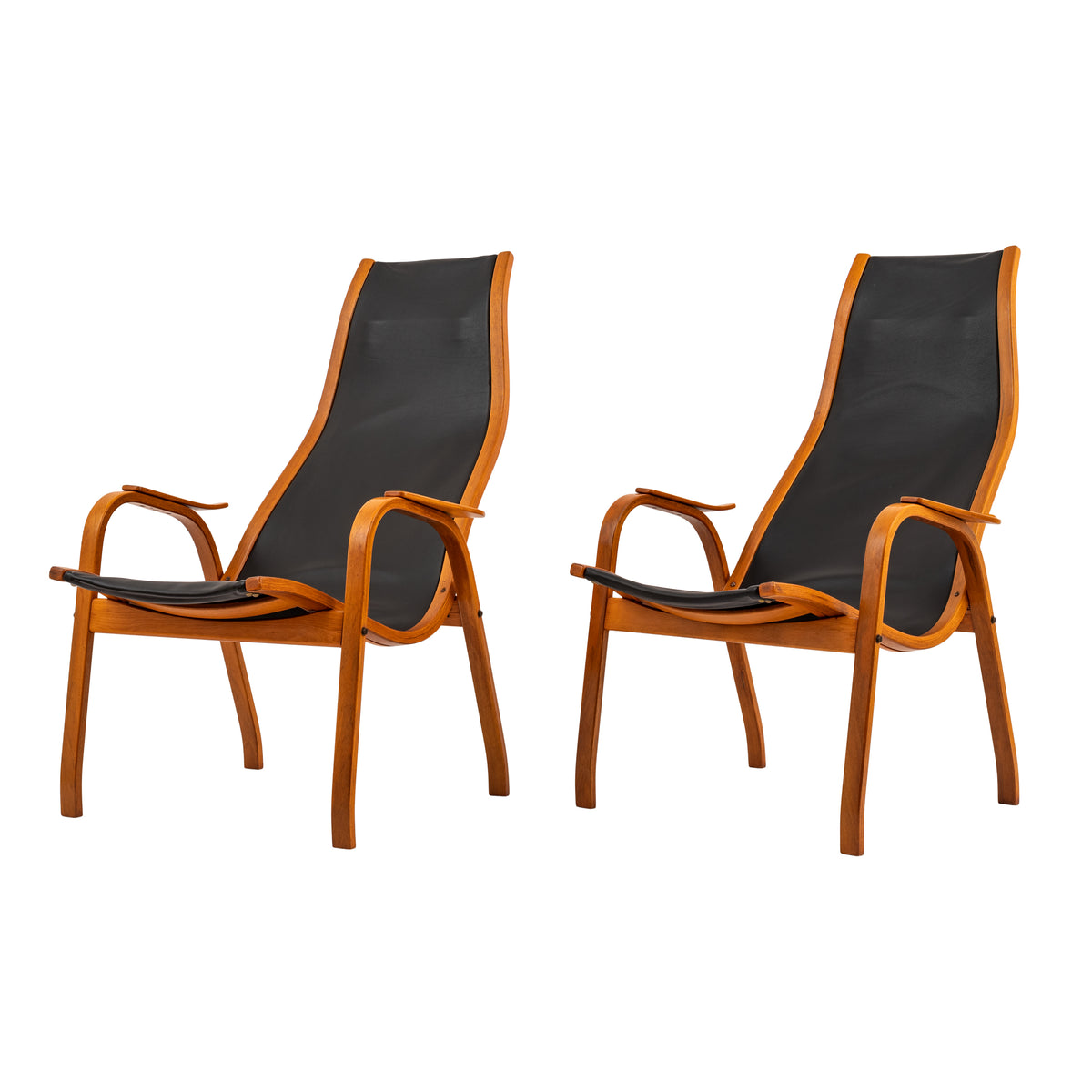 Pair Mid Century Yngve Ekstrom Swedese Lamino Black Leather Lounge Chairs, 1950's