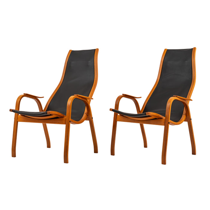 Pair Mid Century Yngve Ekstrom Swedese Lamino Black Leather Lounge Chairs, 1950's