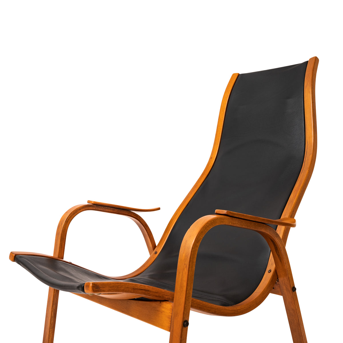 Pair Mid Century Yngve Ekstrom Swedese Lamino Black Leather Lounge Chairs, 1950's