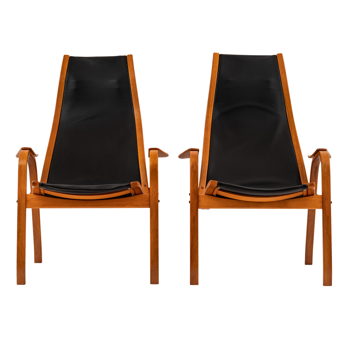 Pair Mid Century Yngve Ekstrom Swedese Lamino Black Leather Lounge Chairs, 1950's