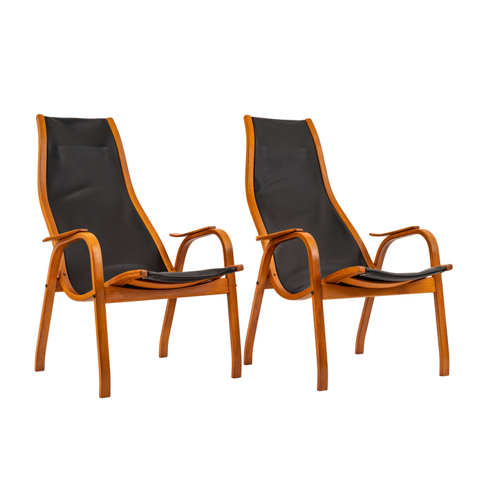 Pair Mid Century Yngve Ekstrom Swedese Lamino Black Leather Lounge Chairs, 1950's