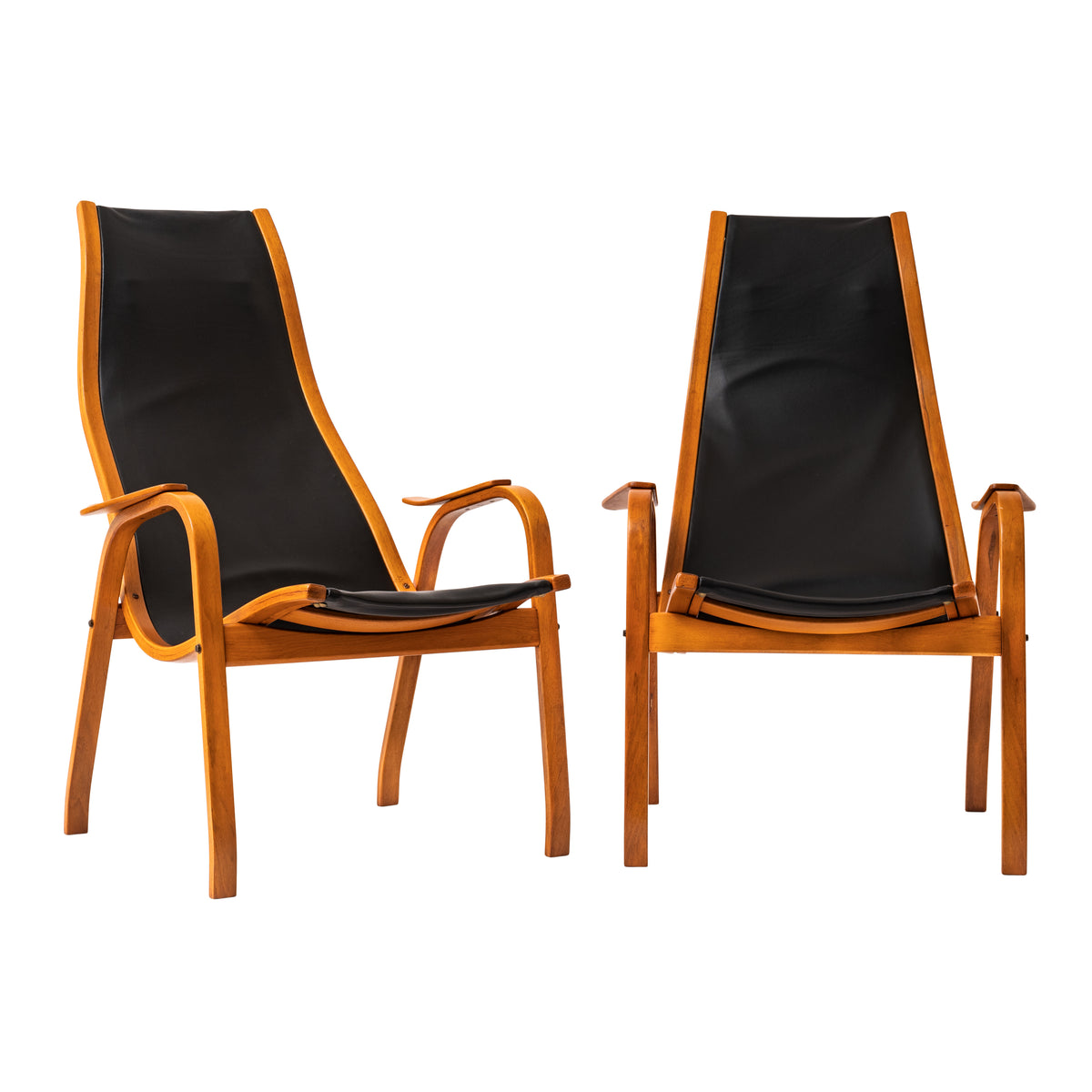 Pair Mid Century Yngve Ekstrom Swedese Lamino Black Leather Lounge Chairs, 1950's