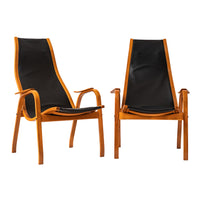 Pair Mid Century Yngve Ekstrom Swedese Lamino Black Leather Lounge Chairs, 1950's