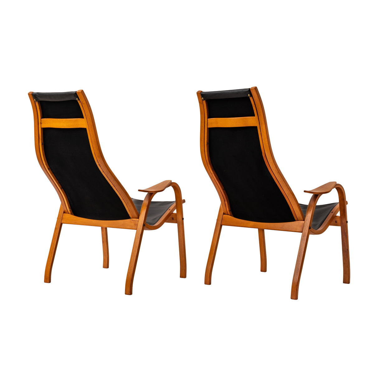Pair Mid Century Yngve Ekstrom Swedese Lamino Black Leather Lounge Chairs, 1950's