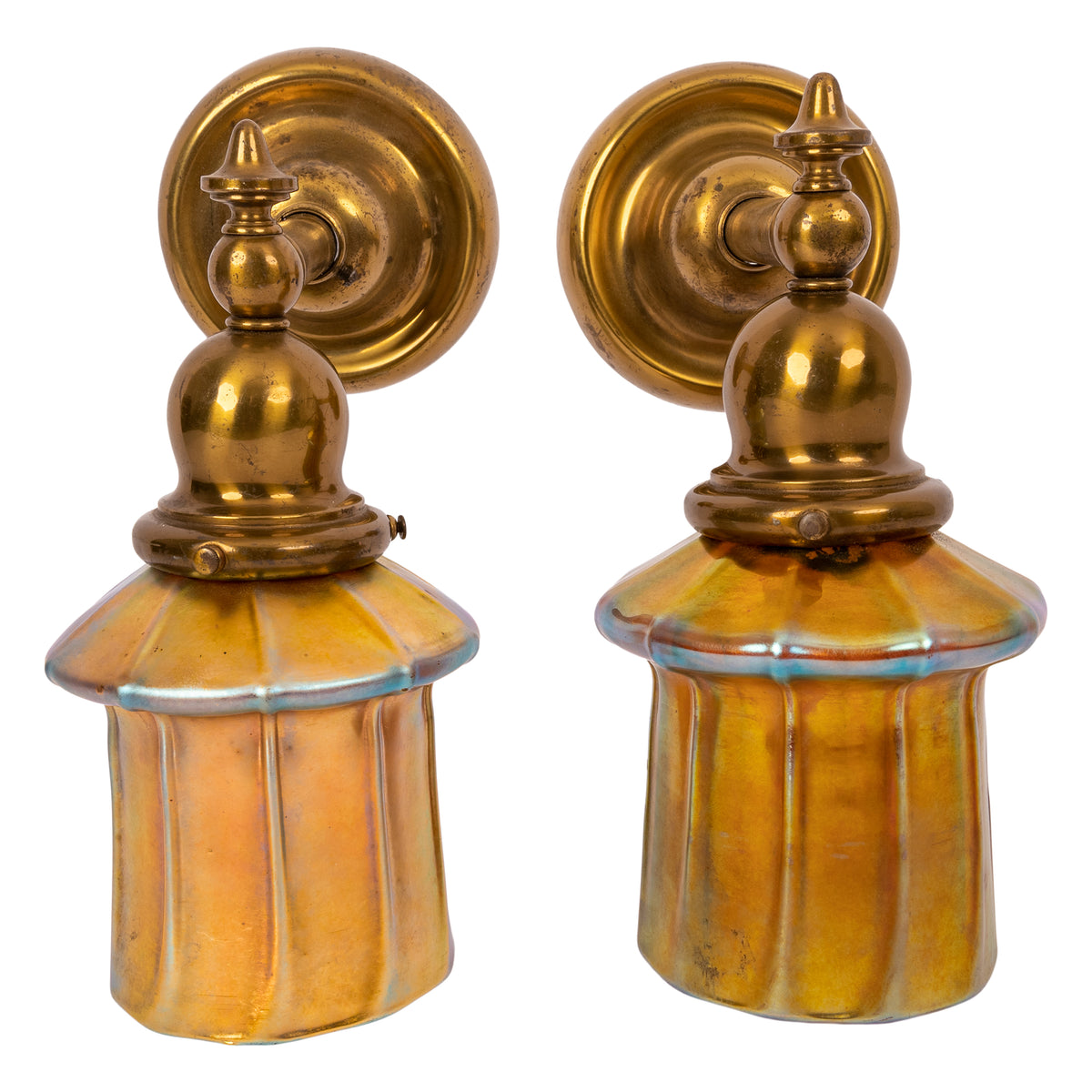 Pair Antique Arts & Crafts Mission Brass Gold Aurene Steuben Glass Wall Sconces, Circa 1910