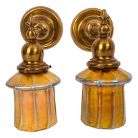 Pair Antique Arts & Crafts Mission Brass Gold Aurene Steuben Glass Wall Sconces, Circa 1910