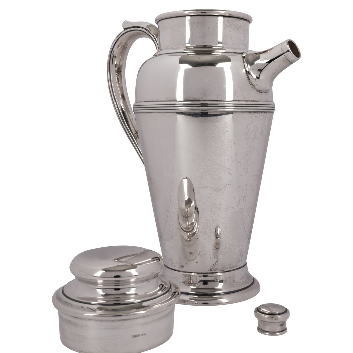 Antique American Art Deco Sterling Silver Cocktail Shaker Pitcher by Fisher, Circa 1930