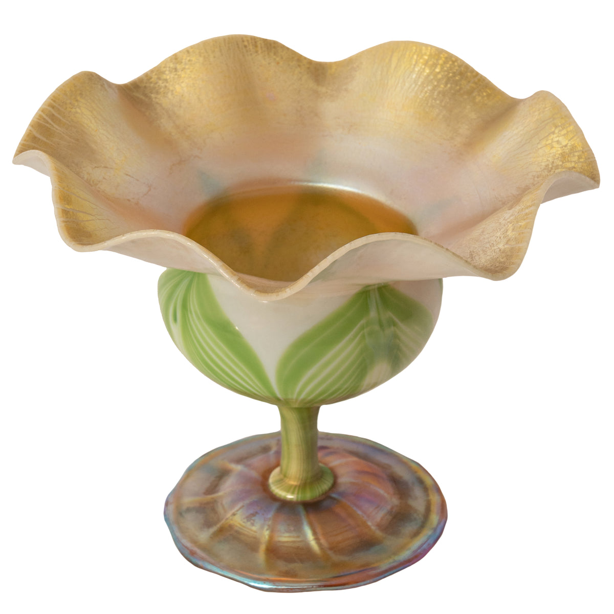 Antique L. C. Tiffany Favrile Large Floriform Feathered Iridescent Glass Vase, Circa 1908