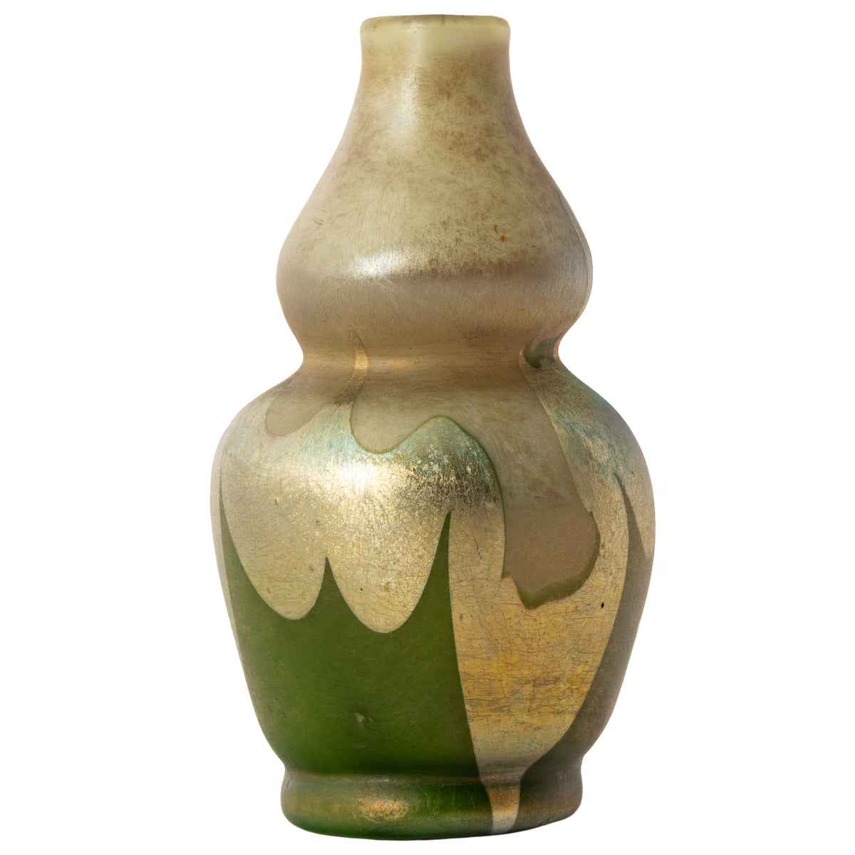Antique L. C. Tiffany Favrile Miniature Double Gourd Iridescent Glass Vase, circa 1910