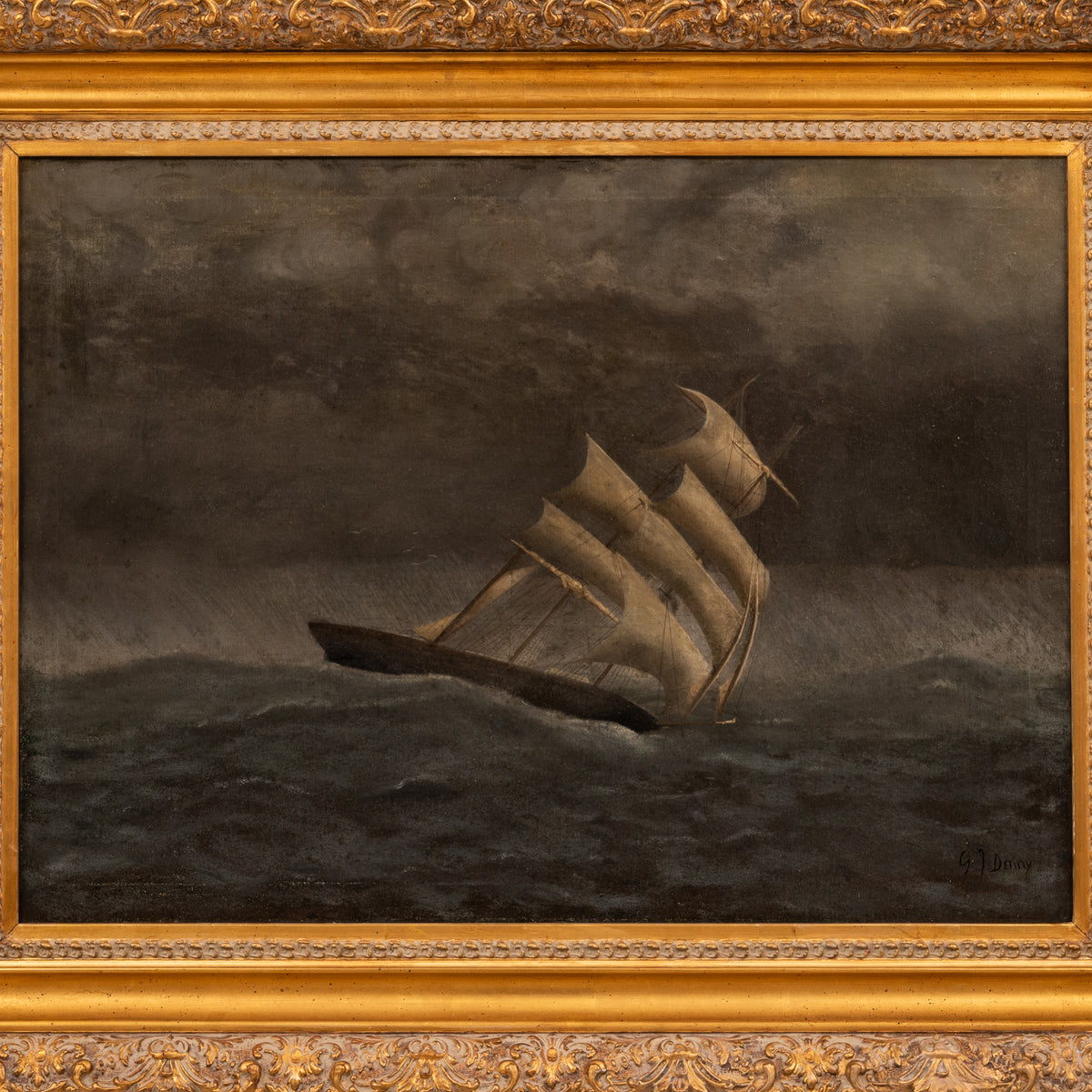 Gideon Jacques Denny Antique Oil on Canvas Marine Sailing Ship Painting Stormy Sea California 1865