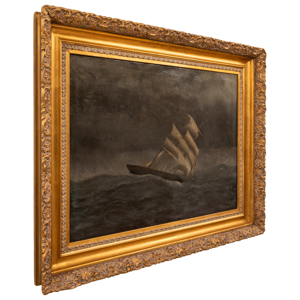 Gideon Jacques Denny Antique Oil on Canvas Marine Sailing Ship Painting Stormy Sea California 1865