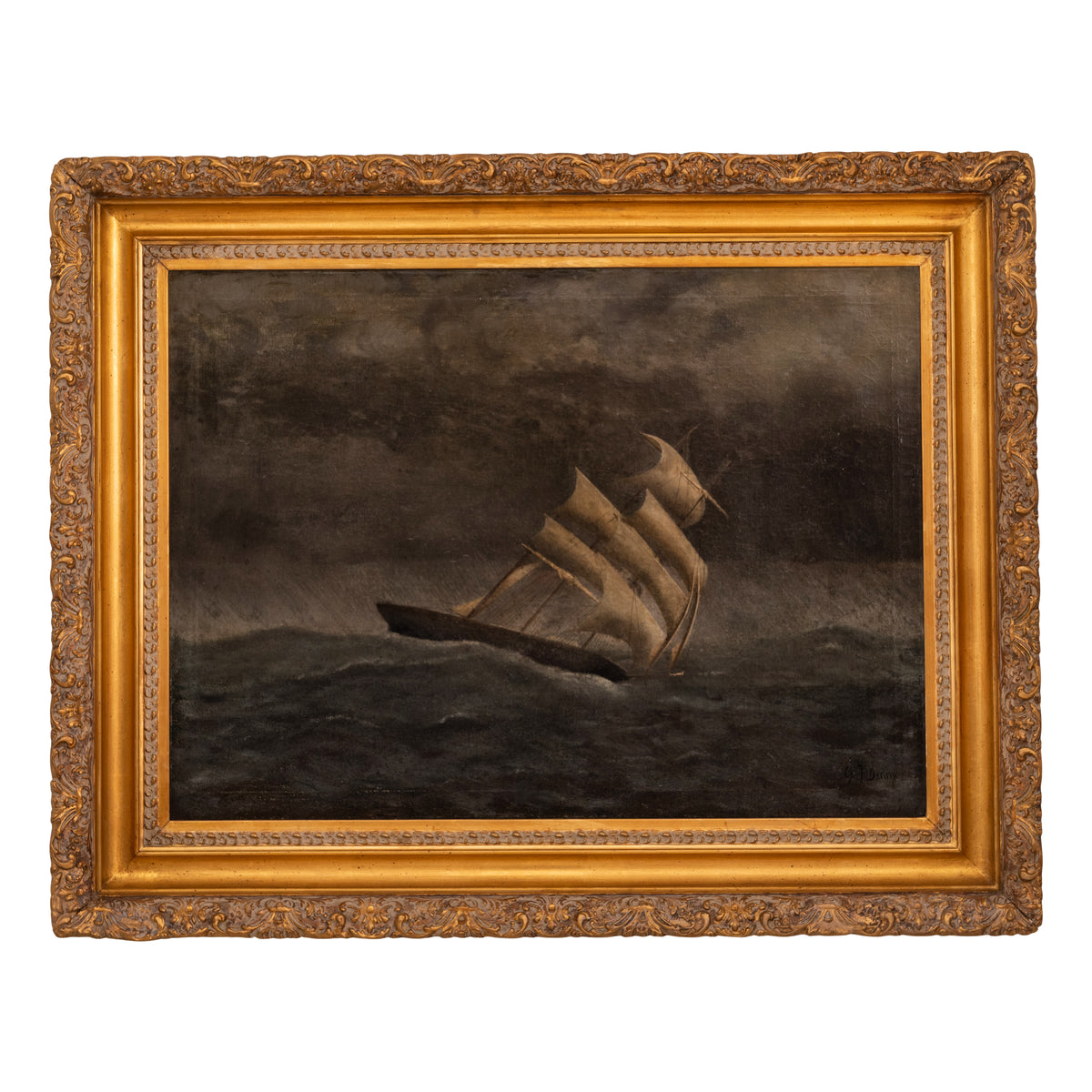 Gideon Jacques Denny Antique Oil on Canvas Marine Sailing Ship Painting Stormy Sea California 1865