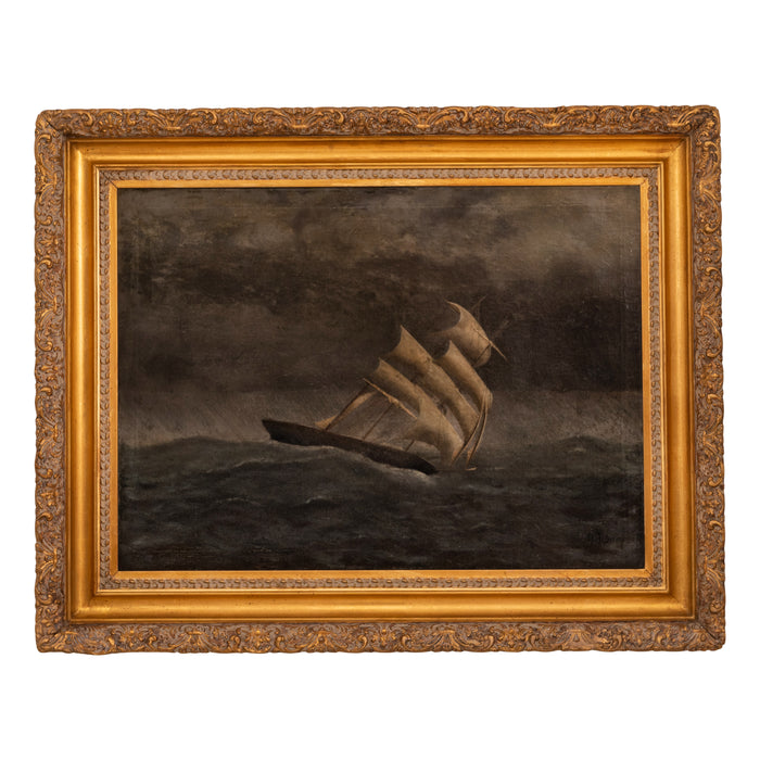 Gideon Jacques Denny Antique Oil on Canvas Marine Sailing Ship Painting Stormy Sea California 1865
