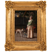 Important Antique Italian Oil on Panel Painting Costume Genre Dog & Beauty Francesco Vinea, 1873