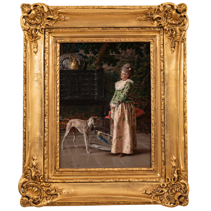 Important Antique Italian Oil on Panel Painting Costume Genre Dog & Beauty Francesco Vinea, 1873