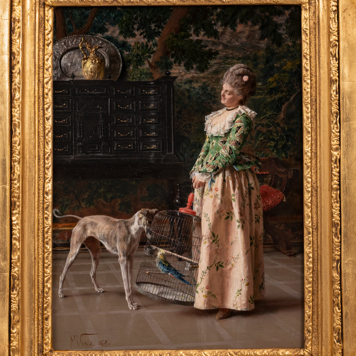Important Antique Italian Oil on Panel Painting Costume Genre Dog & Beauty Francesco Vinea, 1873