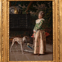 Important Antique Italian Oil on Panel Painting Costume Genre Dog & Beauty Francesco Vinea, 1873