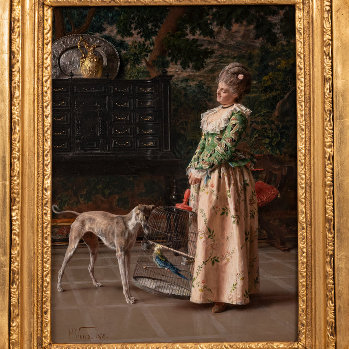 Important Antique Italian Oil on Panel Painting Costume Genre Dog & Beauty Francesco Vinea, 1873