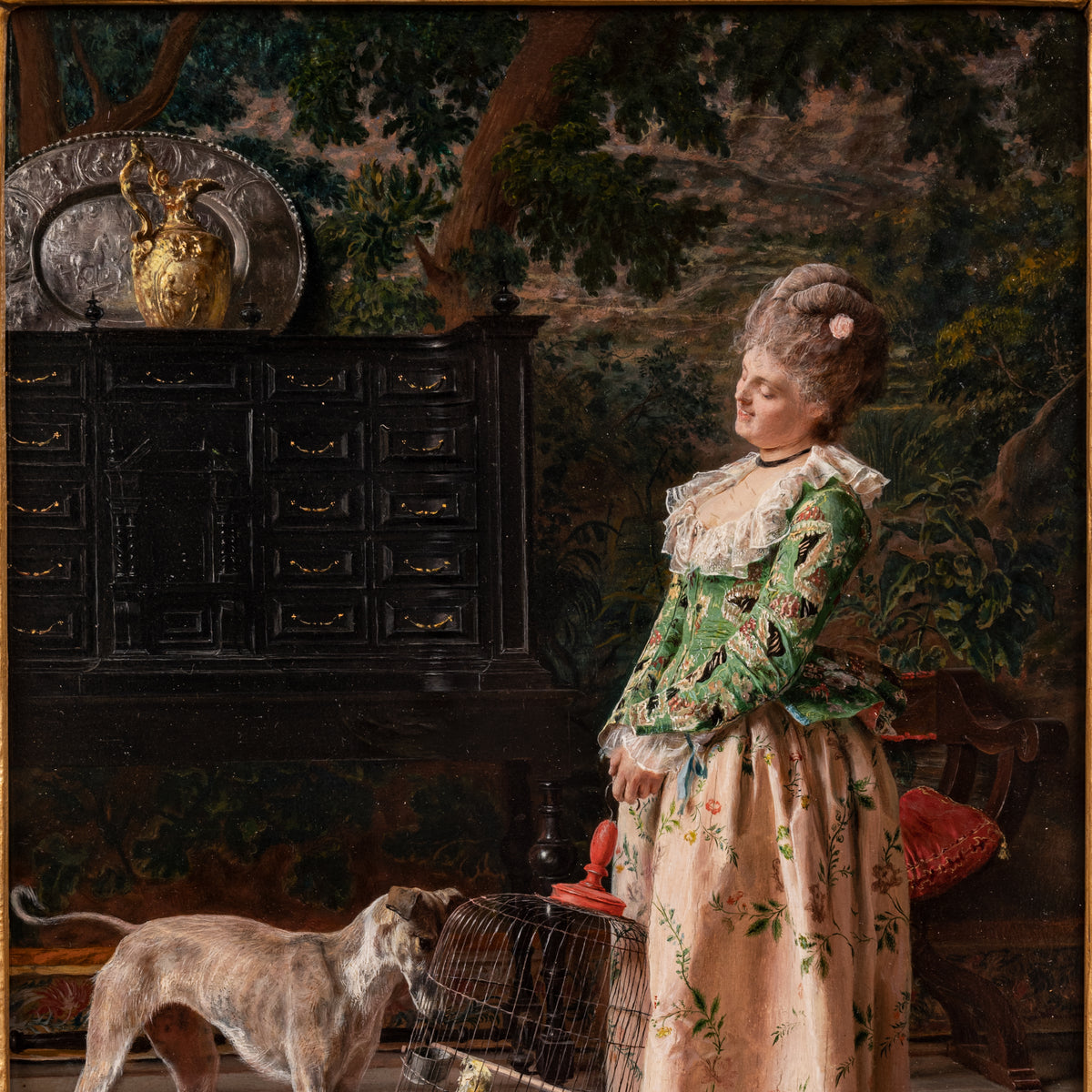 Important Antique Italian Oil on Panel Painting Costume Genre Dog & Beauty Francesco Vinea, 1873