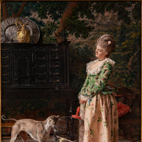 Important Antique Italian Oil on Panel Painting Costume Genre Dog & Beauty Francesco Vinea, 1873