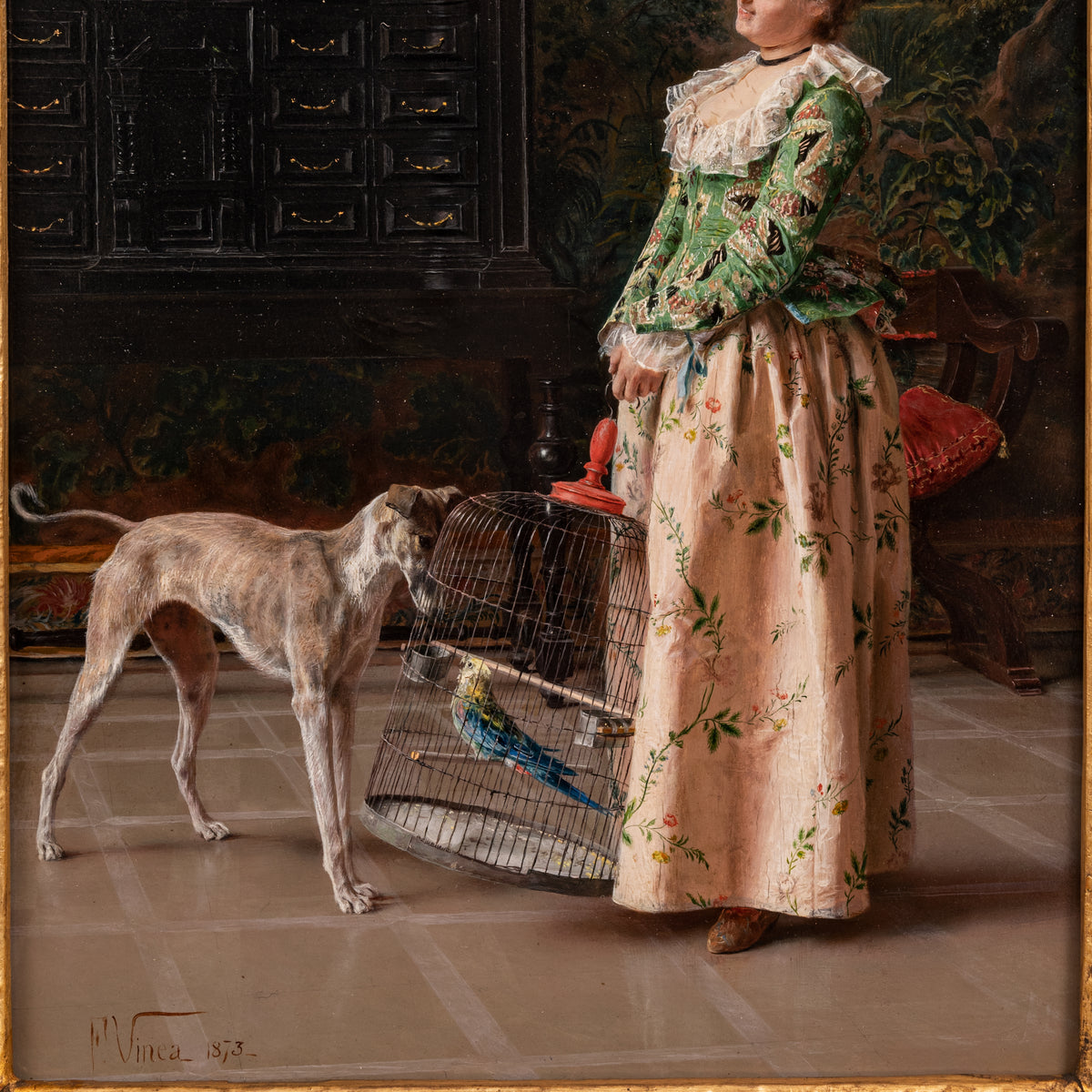 Important Antique Italian Oil on Panel Painting Costume Genre Dog & Beauty Francesco Vinea, 1873