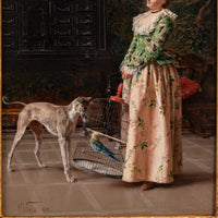 Important Antique Italian Oil on Panel Painting Costume Genre Dog & Beauty Francesco Vinea, 1873