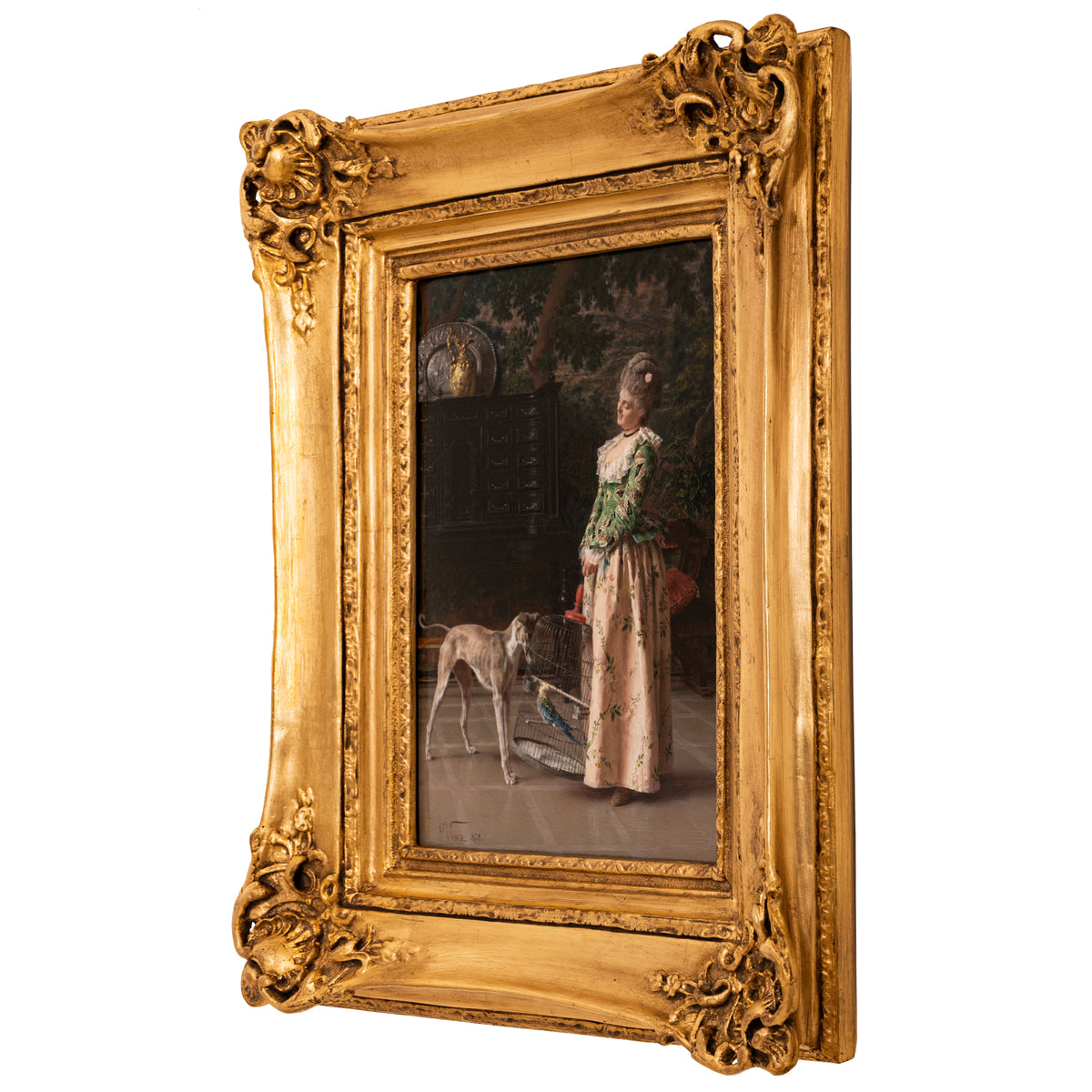 Important Antique Italian Oil on Panel Painting Costume Genre Dog & Beauty Francesco Vinea, 1873