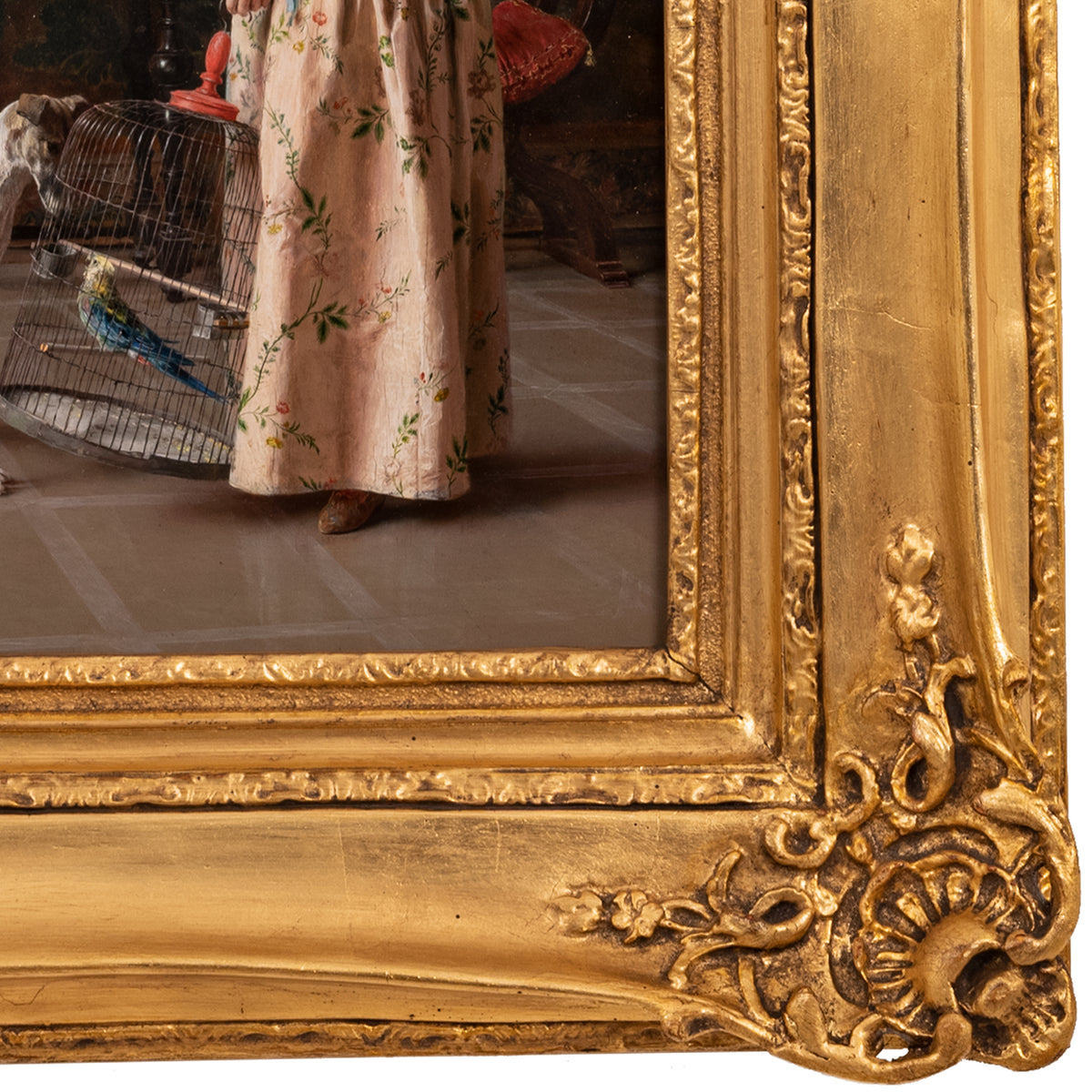 Important Antique Italian Oil on Panel Painting Costume Genre Dog & Beauty Francesco Vinea, 1873