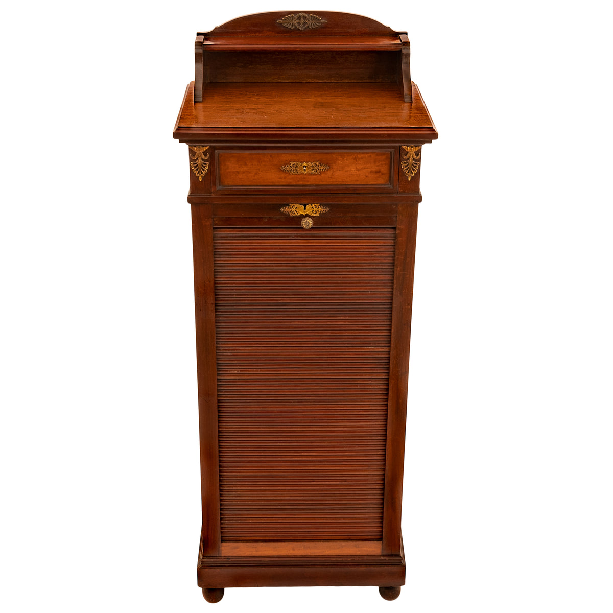 Antique French Louis XV Walnut Ormolu Tambour Roll Top File Cabinet Paris, Circa 1900