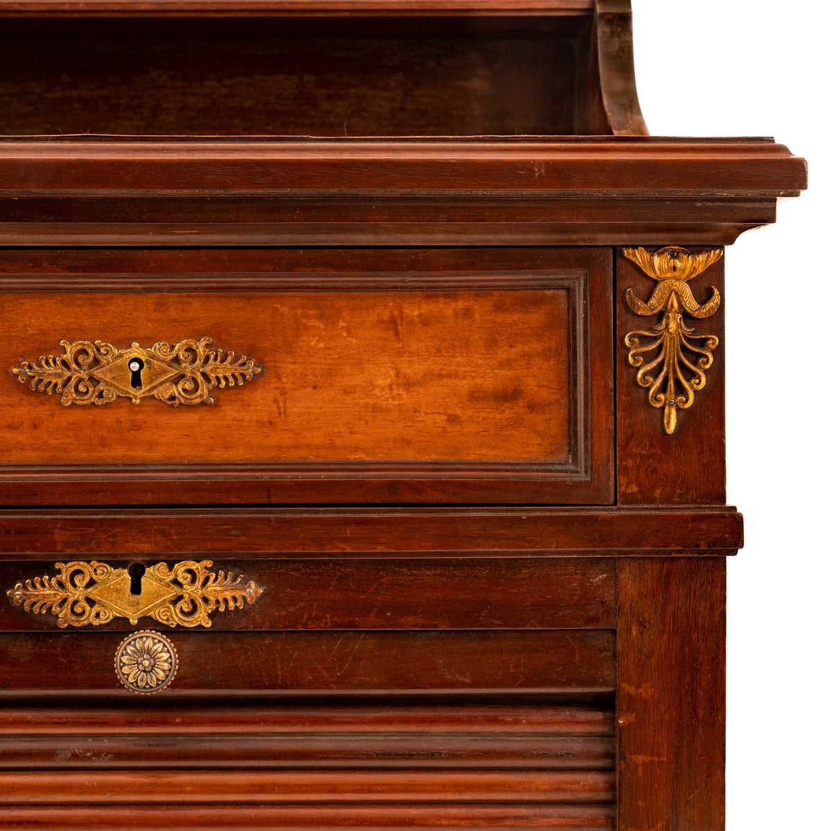 Antique French Louis XV Walnut Ormolu Tambour Roll Top File Cabinet Paris, Circa 1900