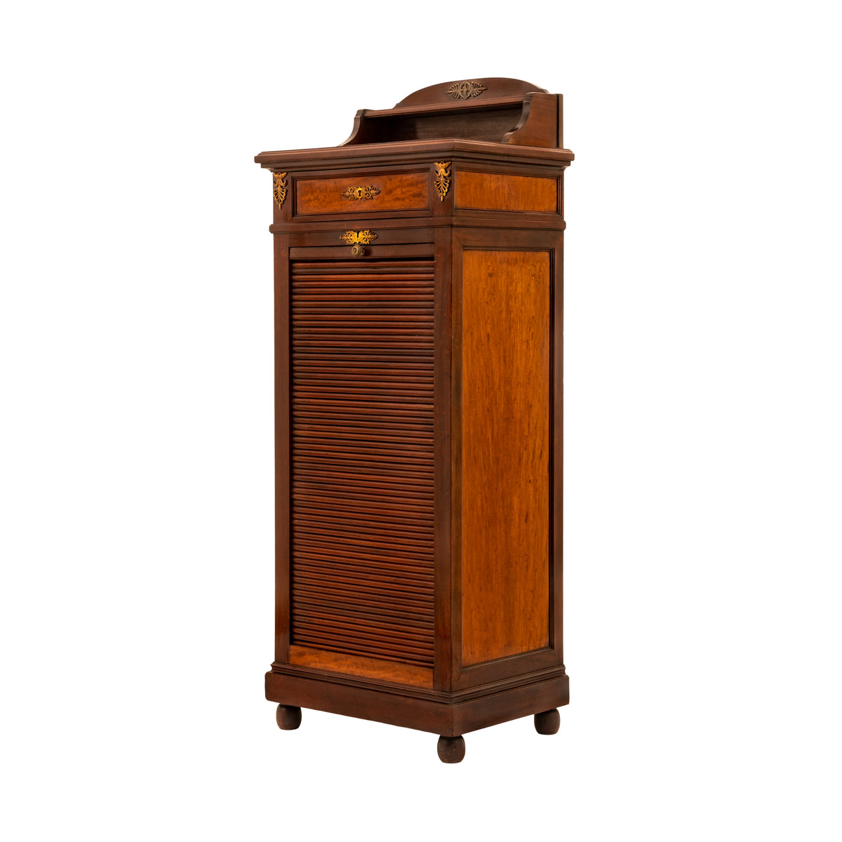 Antique French Louis XV Walnut Ormolu Tambour Roll Top File Cabinet Paris, Circa 1900