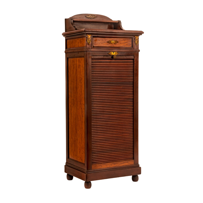 Antique French Louis XV Walnut Ormolu Tambour Roll Top File Cabinet Paris, Circa 1900