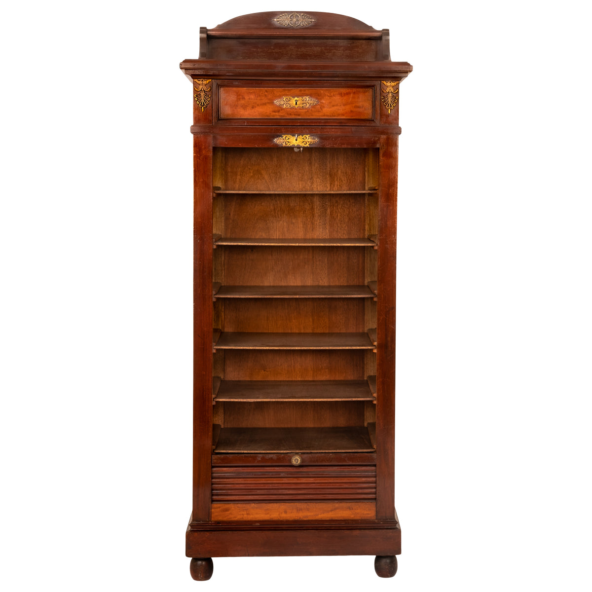 Antique French Louis XV Walnut Ormolu Tambour Roll Top File Cabinet Paris, Circa 1900