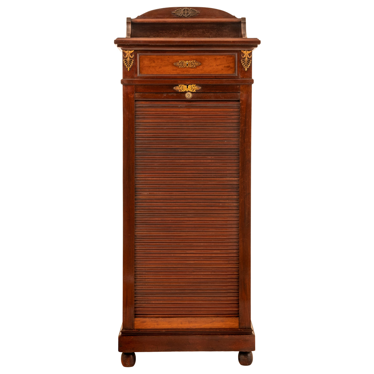 Antique French Louis XV Walnut Ormolu Tambour Roll Top File Cabinet Paris, Circa 1900