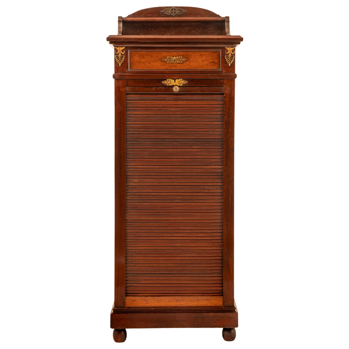 Antique French Louis XV Walnut Ormolu Tambour Roll Top File Cabinet Paris, Circa 1900