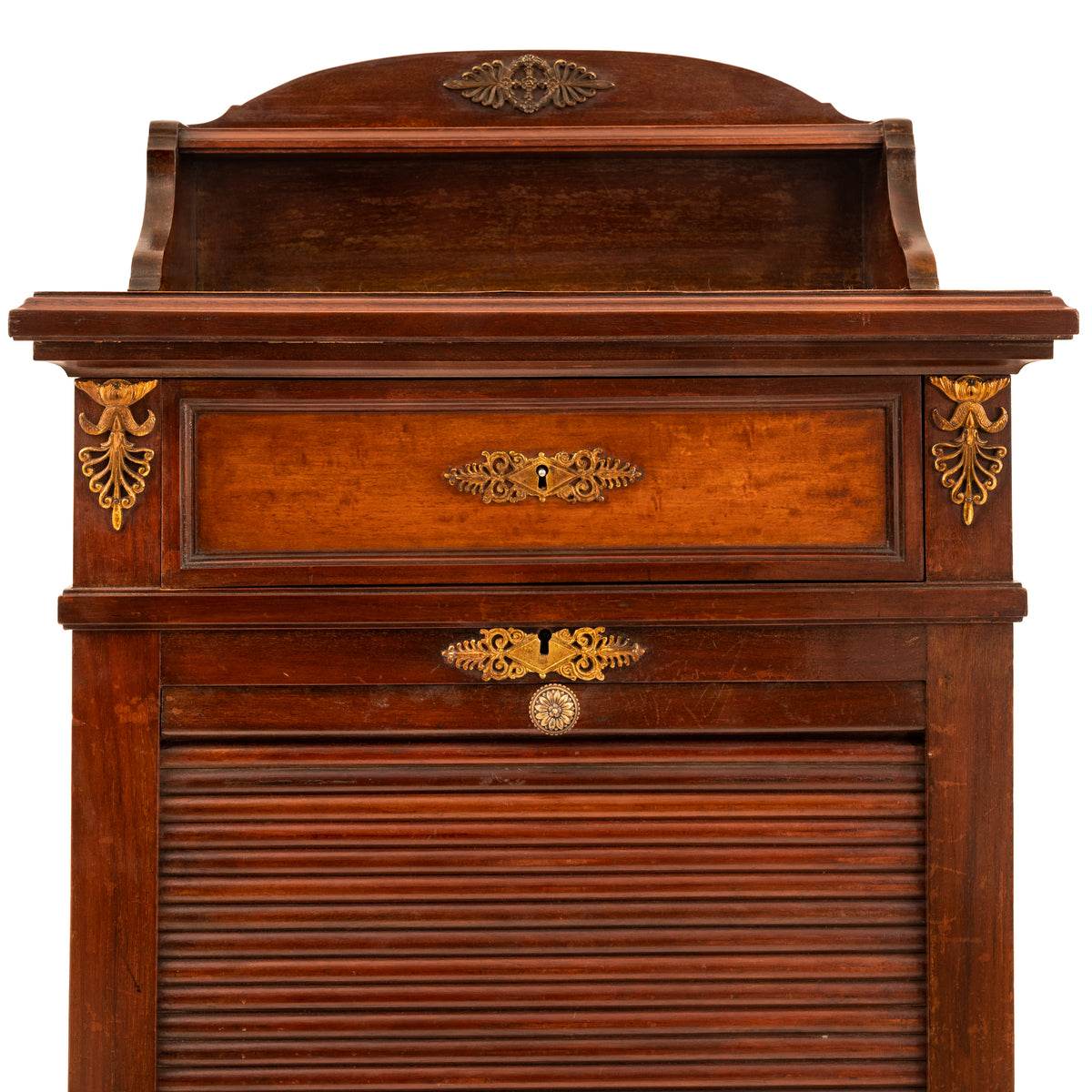 Antique French Louis XV Walnut Ormolu Tambour Roll Top File Cabinet Paris, Circa 1900