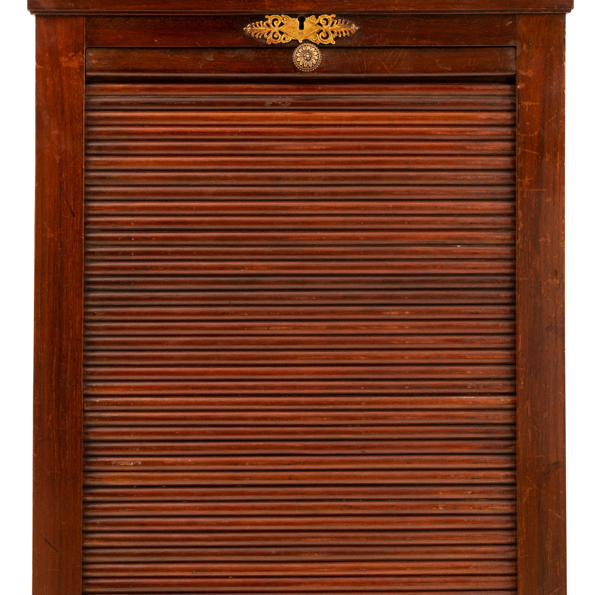 Antique French Louis XV Walnut Ormolu Tambour Roll Top File Cabinet Paris, Circa 1900