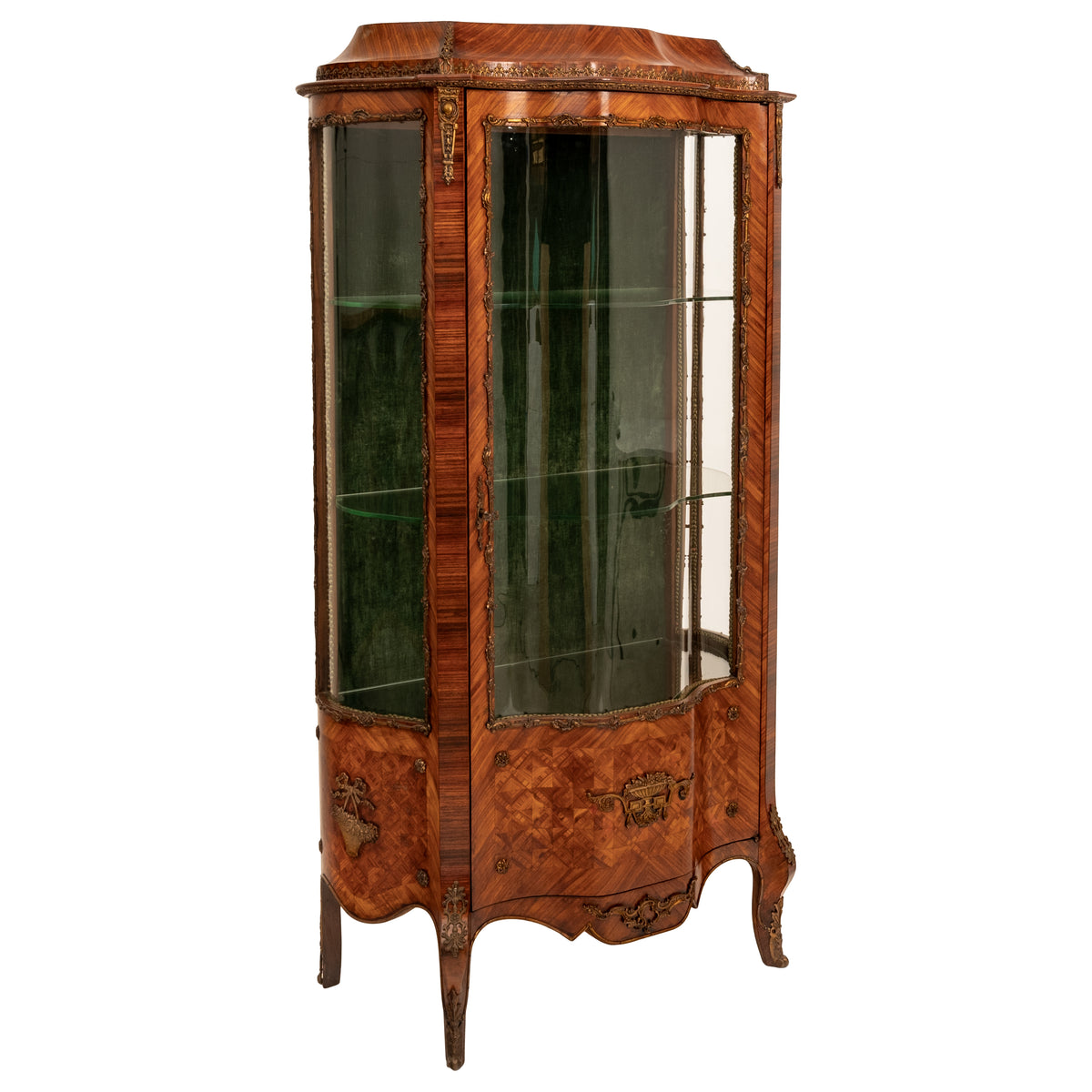 Fine Antique French Louis XV Kingwood Ormolu Bombe Shaped Marquetry Vitrine, Circa 1880