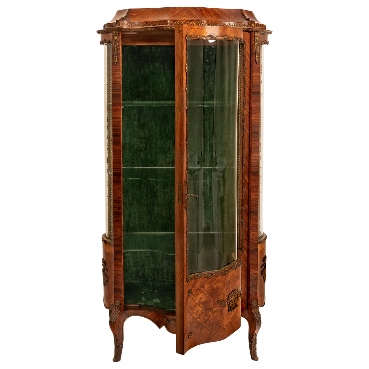 Fine Antique French Louis XV Kingwood Ormolu Bombe Shaped Marquetry Vitrine, Circa 1880