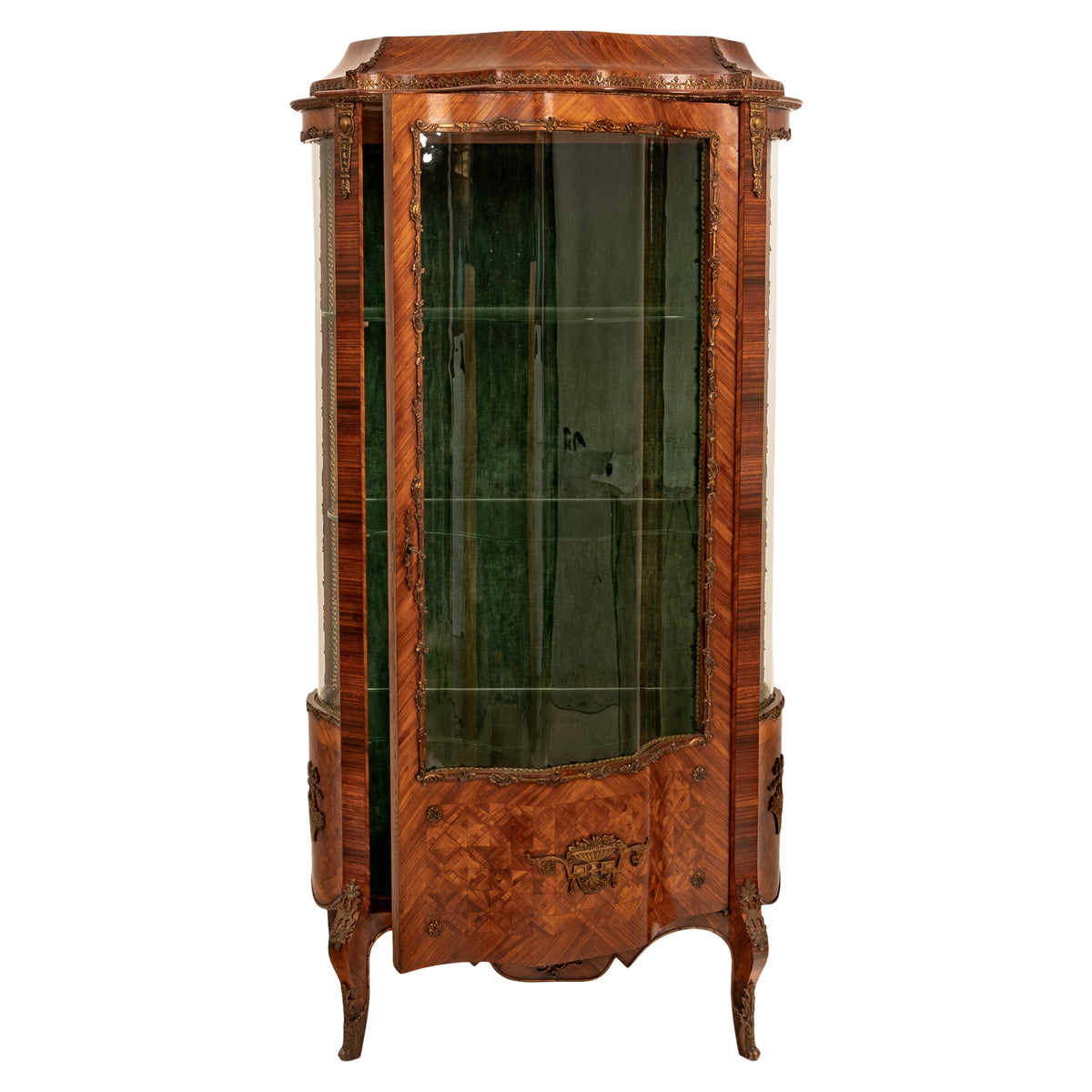 Fine Antique French Louis XV Kingwood Ormolu Bombe Shaped Marquetry Vitrine, Circa 1880