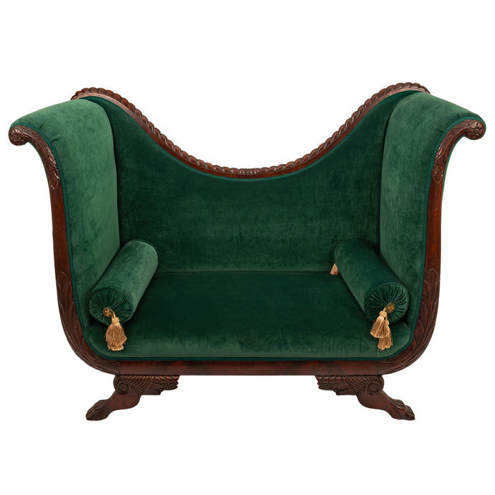 Antique American Federal Empire Carved Mahogany High Arm Back Sofa Loveseat 1815