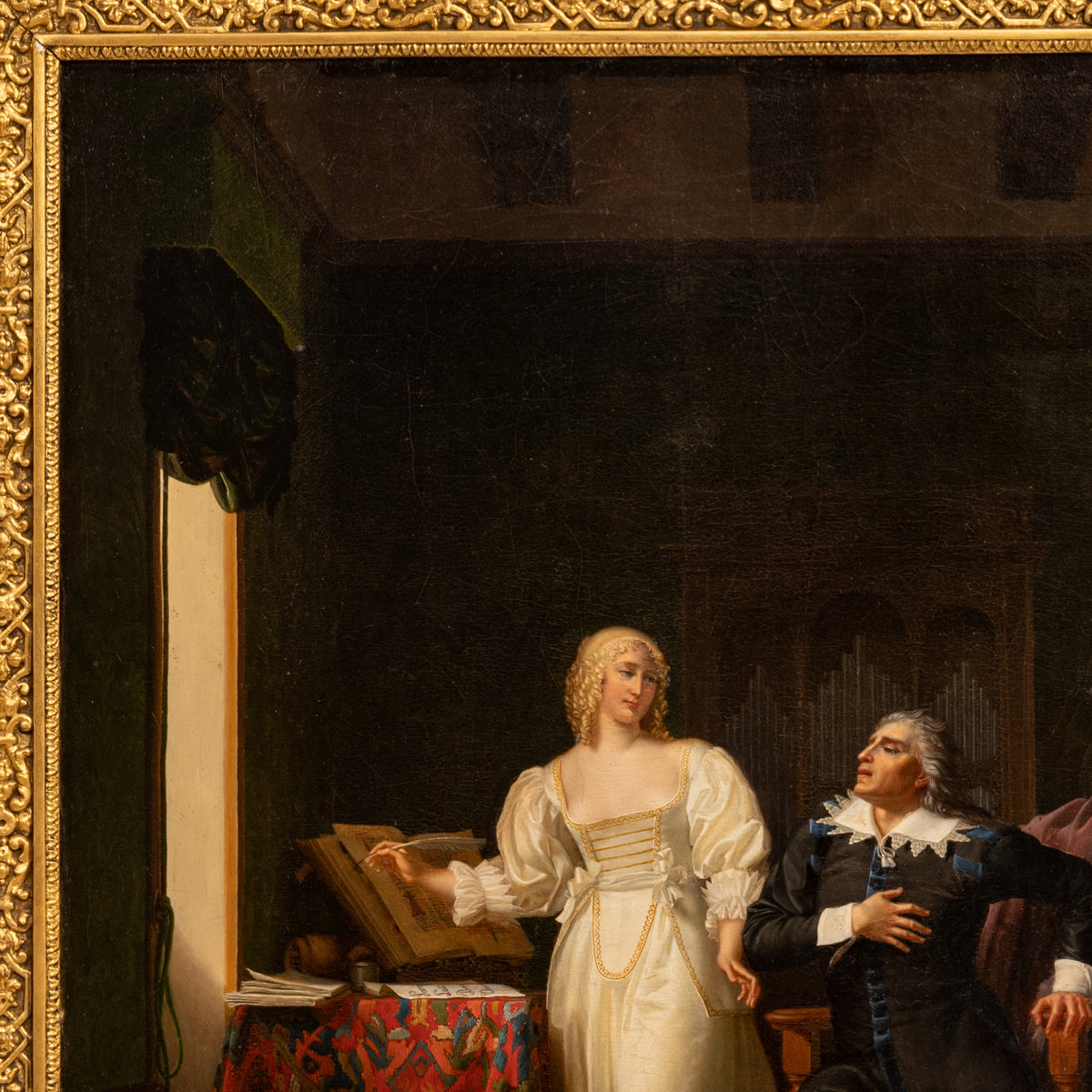 Henri Jean Baptiste Victoire Fradelle, Antique French Oil on Canvas Shakespearian Lovers Historical Interior Scene, Circa 1810