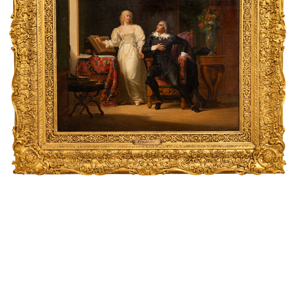 Henri Jean Baptiste Victoire Fradelle, Antique French Oil on Canvas Shakespearian Lovers Historical Interior Scene, Circa 1810