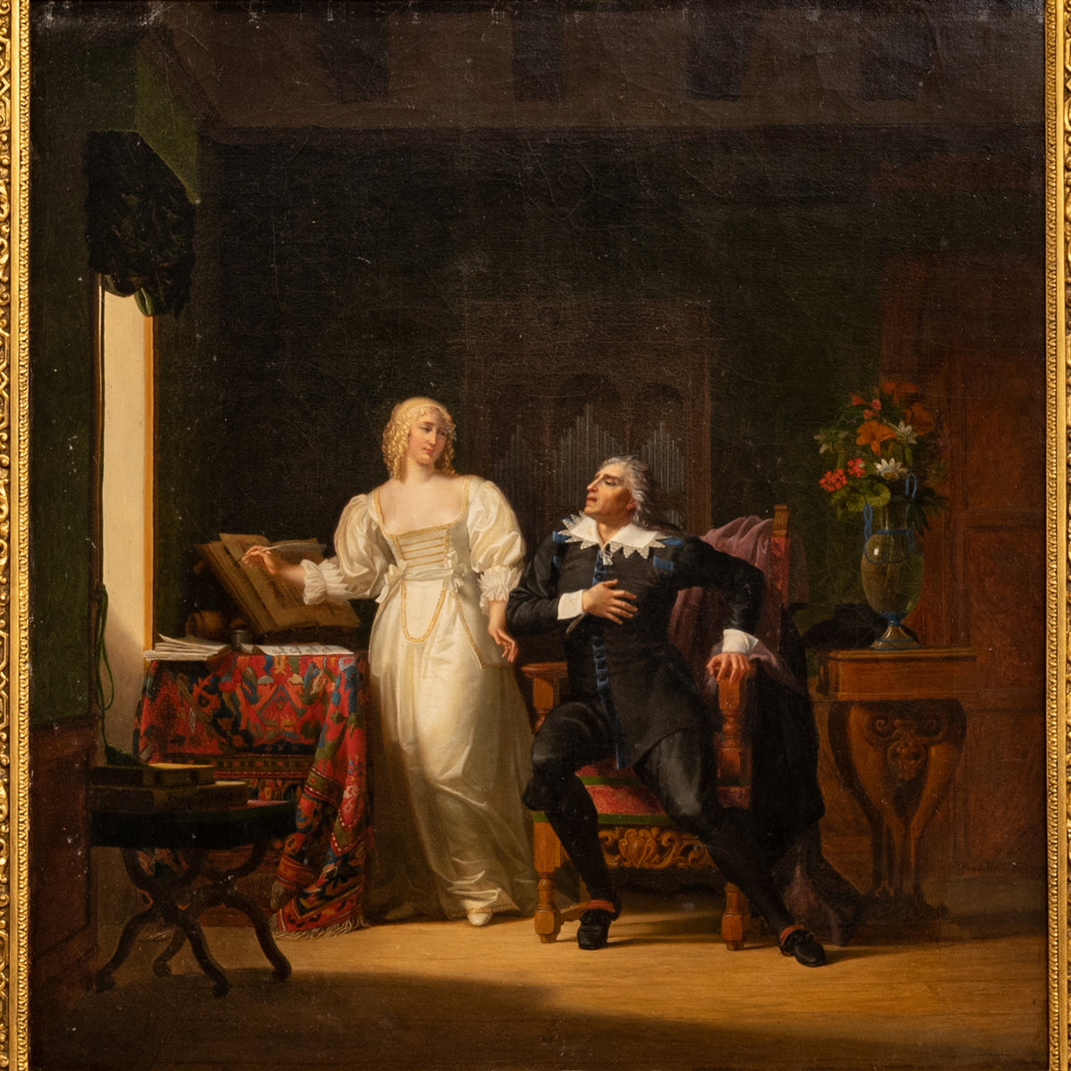 Henri Jean Baptiste Victoire Fradelle, Antique French Oil on Canvas Shakespearian Lovers Historical Interior Scene, Circa 1810