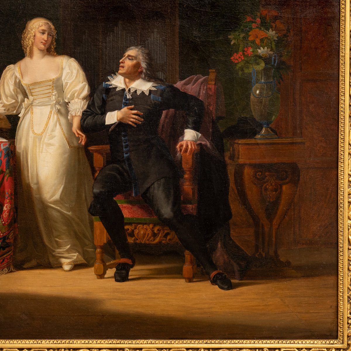 Henri Jean Baptiste Victoire Fradelle, Antique French Oil on Canvas Shakespearian Lovers Historical Interior Scene, Circa 1810