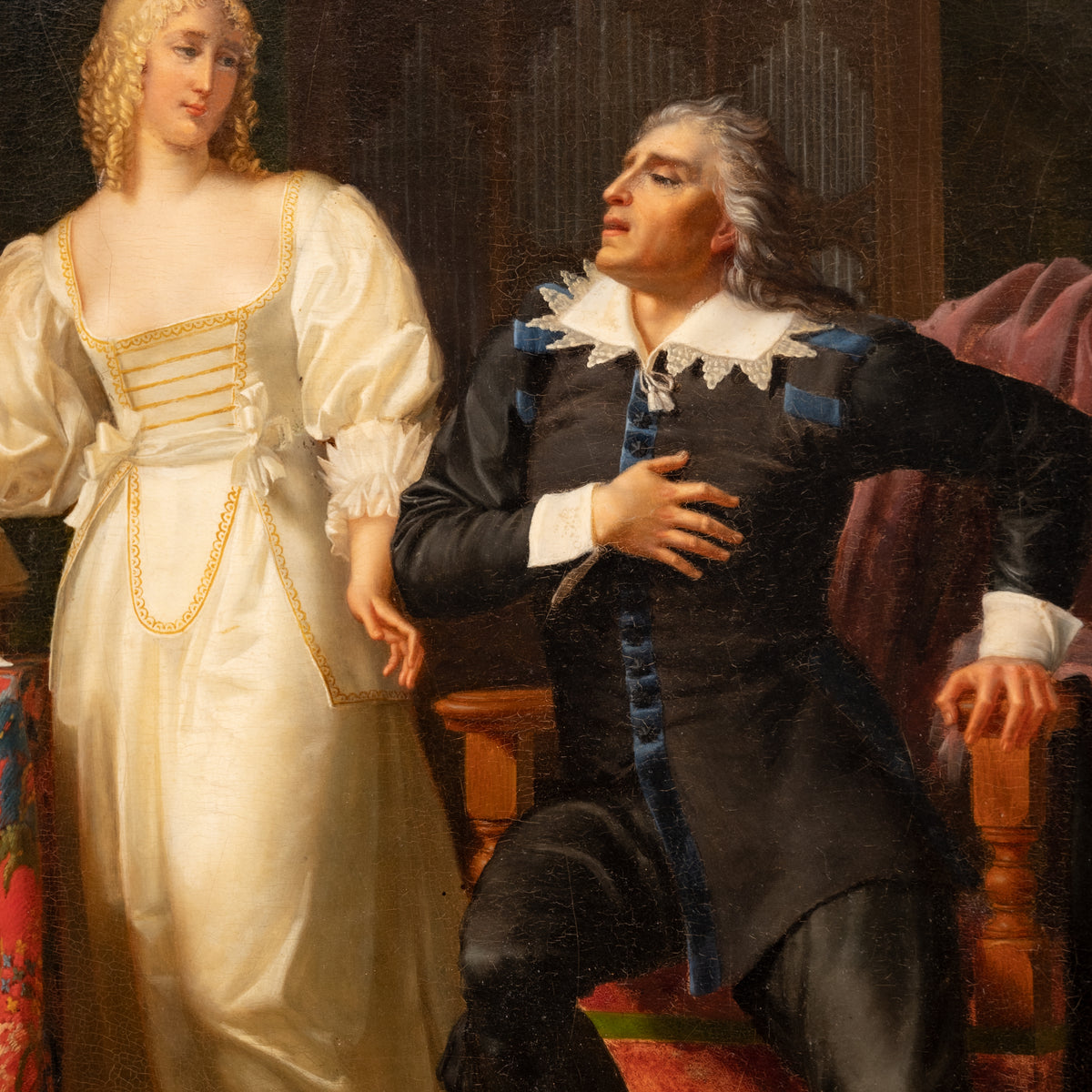 Henri Jean Baptiste Victoire Fradelle, Antique French Oil on Canvas Shakespearian Lovers Historical Interior Scene, Circa 1810