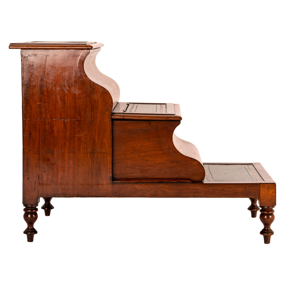 Antique 19th Century Mahogany Tooled & Gilded Leather Library Steps Commode, Circa 1860